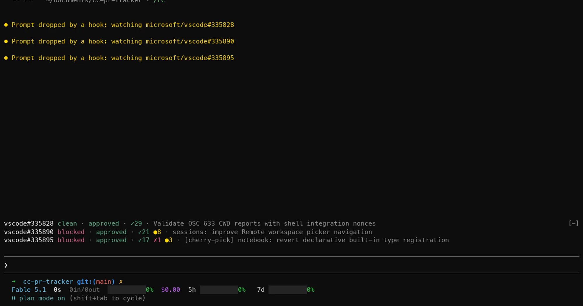 Three pull requests watched by cc-pr-tracker on separate lines above the Claude Code prompt