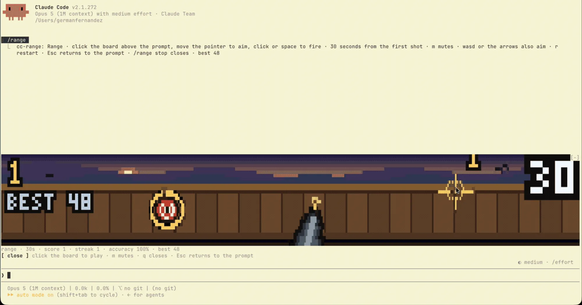 cc-range shooting gallery above the Claude Code prompt: bullseye on a plank wall at dusk, pistol and crosshair