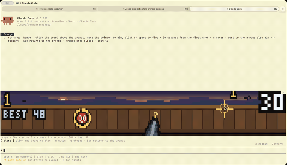cc-range running above the Claude Code prompt: aiming with the pointer and firing at the bullseye