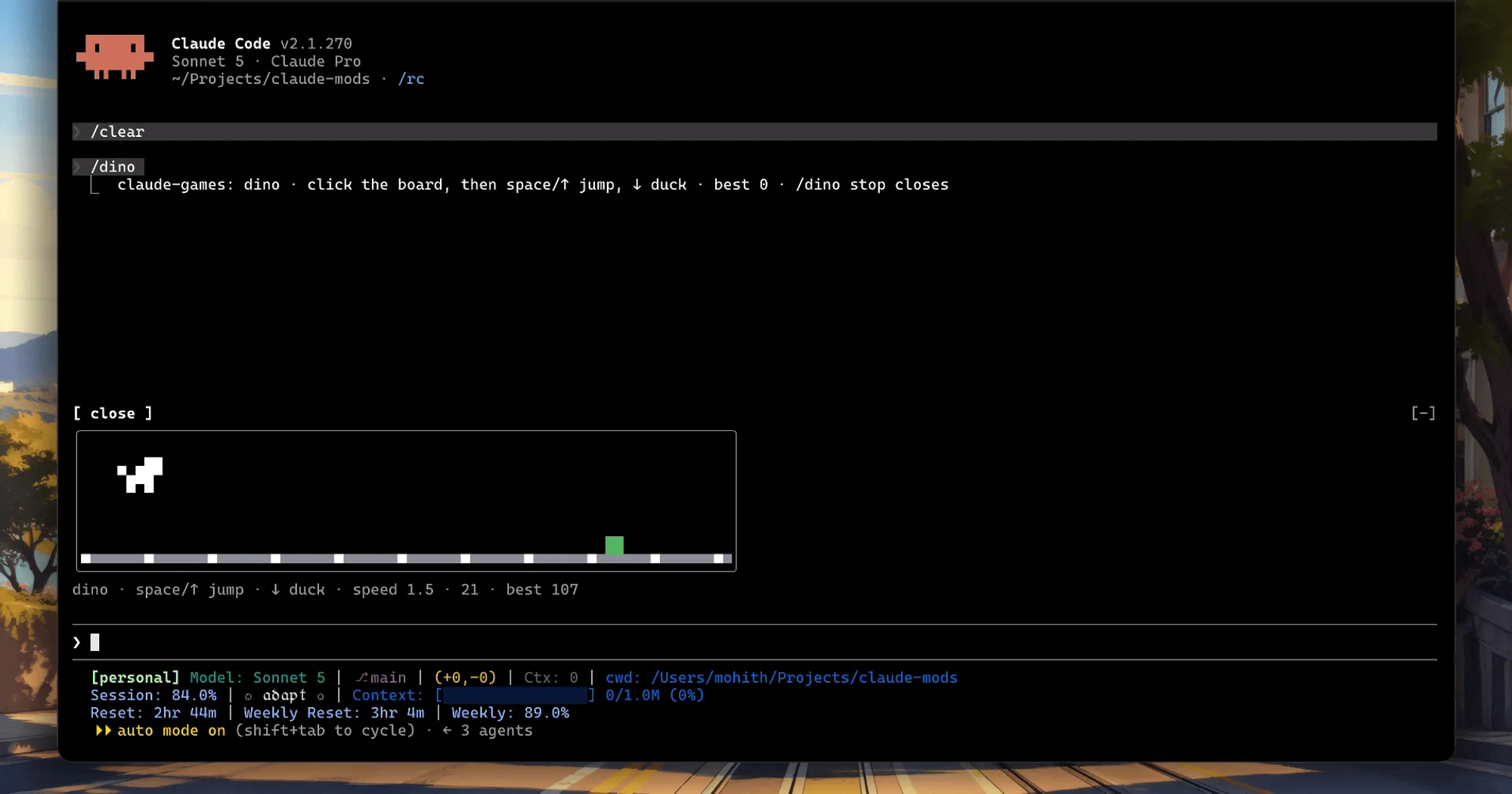 claude-games dino runner drawn in half-block pixels above the Claude Code prompt, status line below