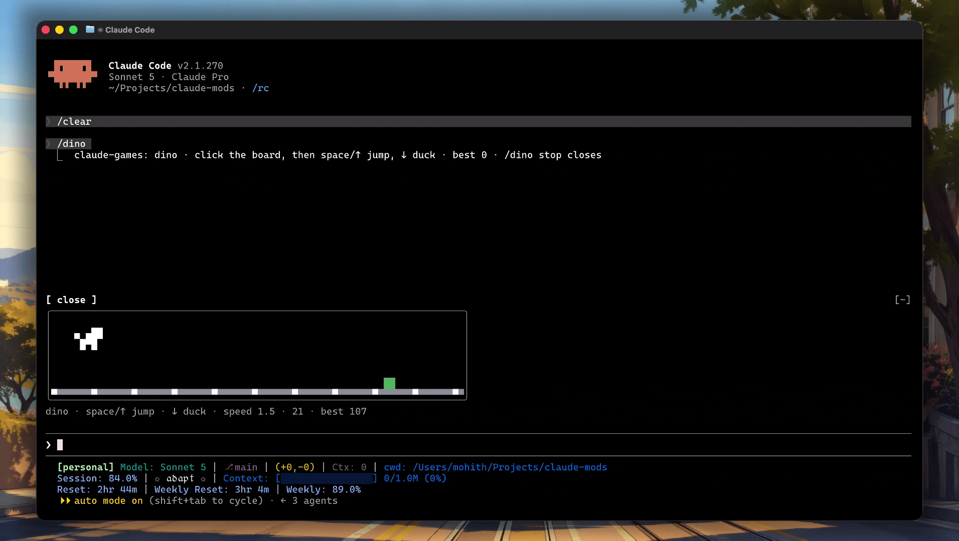 Running /dino: the claude-games dinosaur jumps cacti above the Claude Code prompt while Claude works