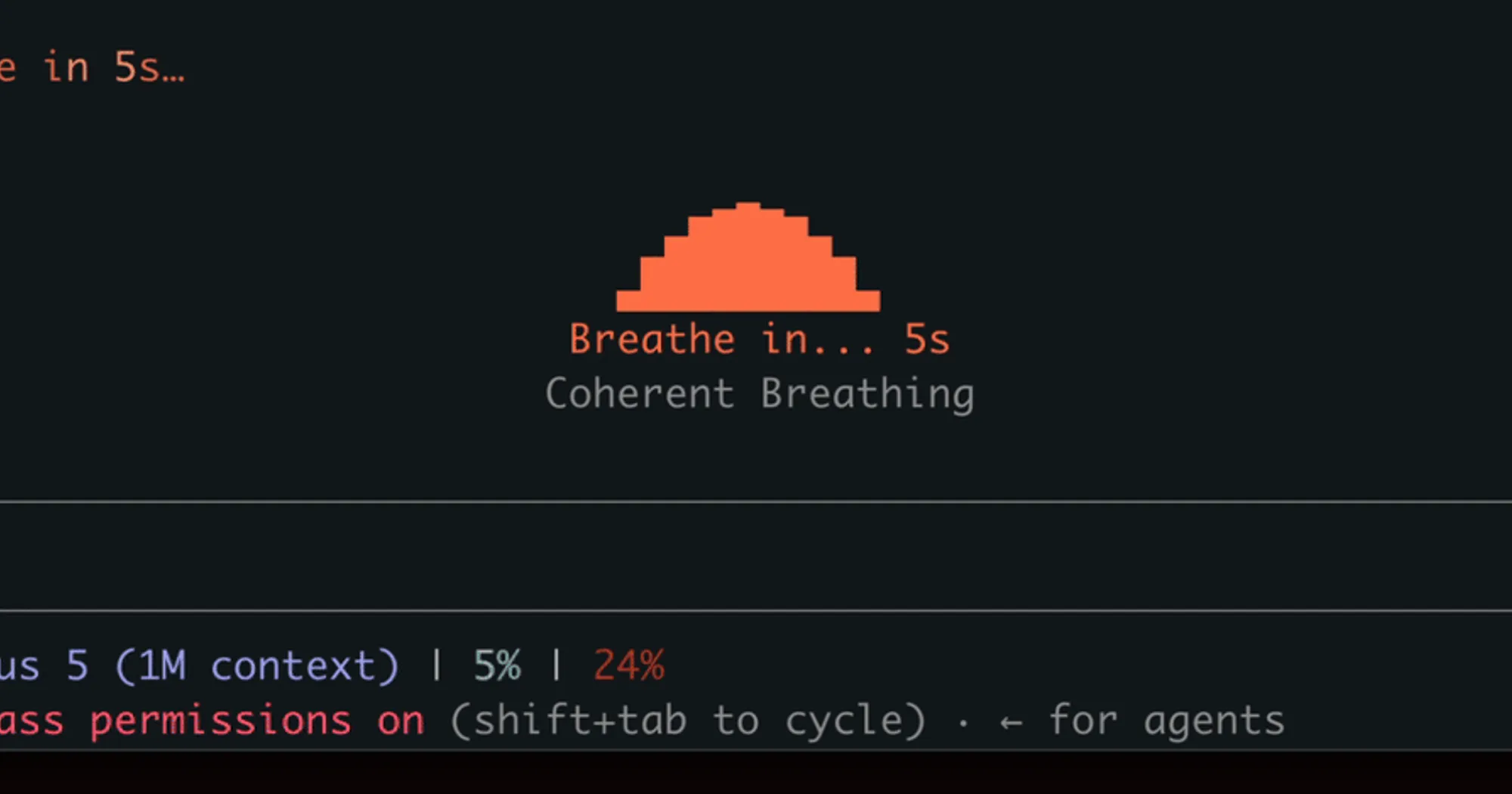mindful-claude breathing wave above the Claude Code prompt, reading Breathe in 5s, Coherent Breathing