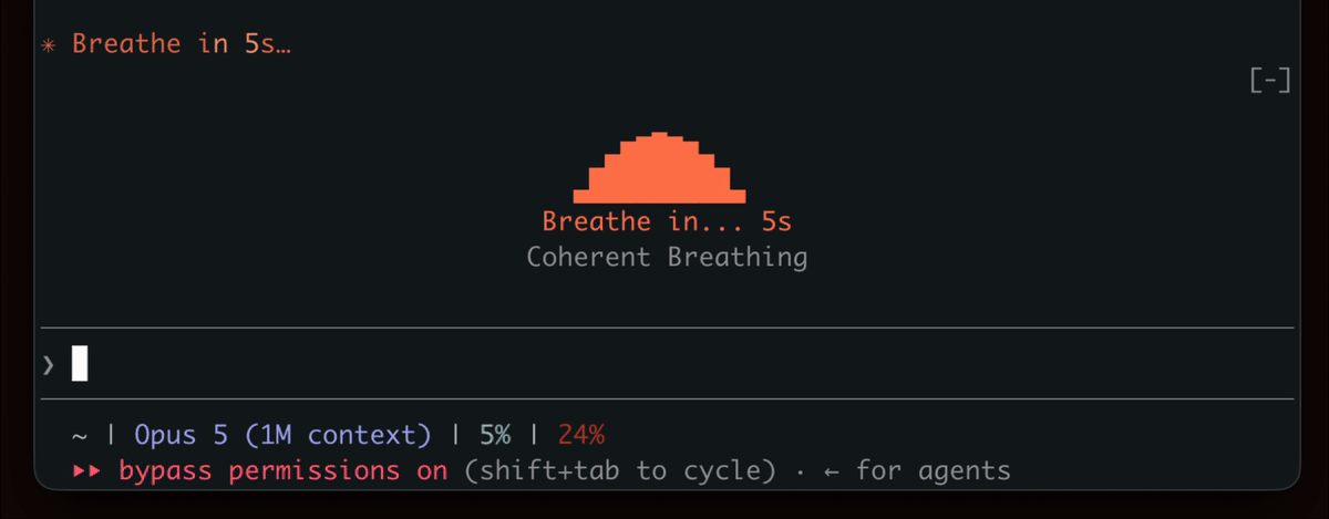 mindful-claude wave rising and falling above the Claude Code prompt while the spinner reads Breathe in 3s